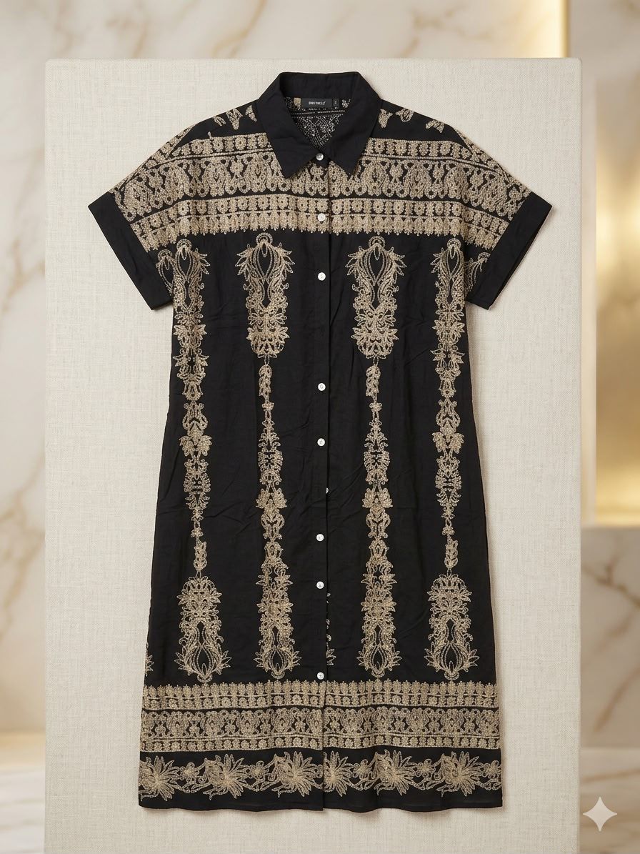 Embroidered Short Sleeve Shirt Dress Black / Gold thumbnail