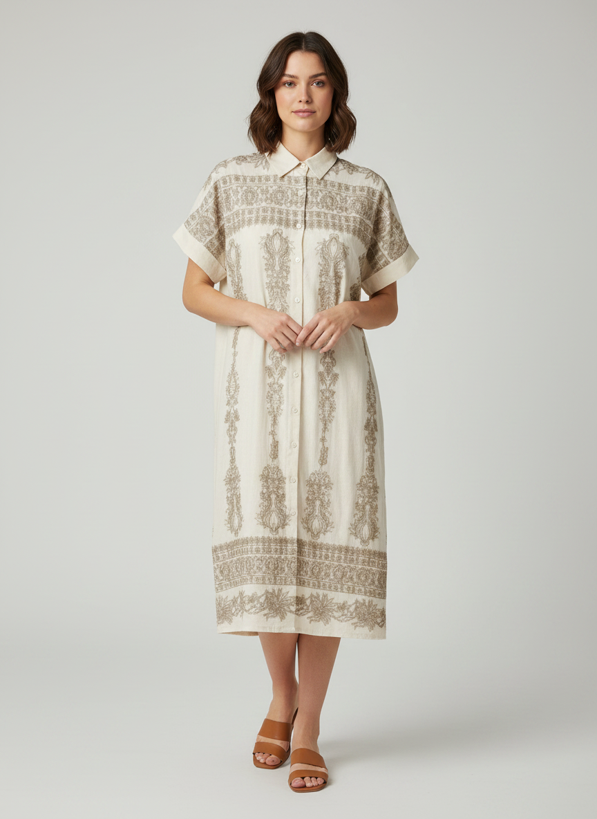 Embroidered Short Sleeve Shirt Dress Cream thumbnail