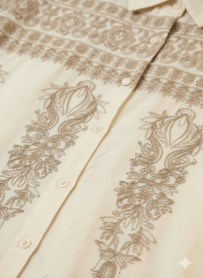 Embroidered Short Sleeve Shirt Dress Cream thumbnail