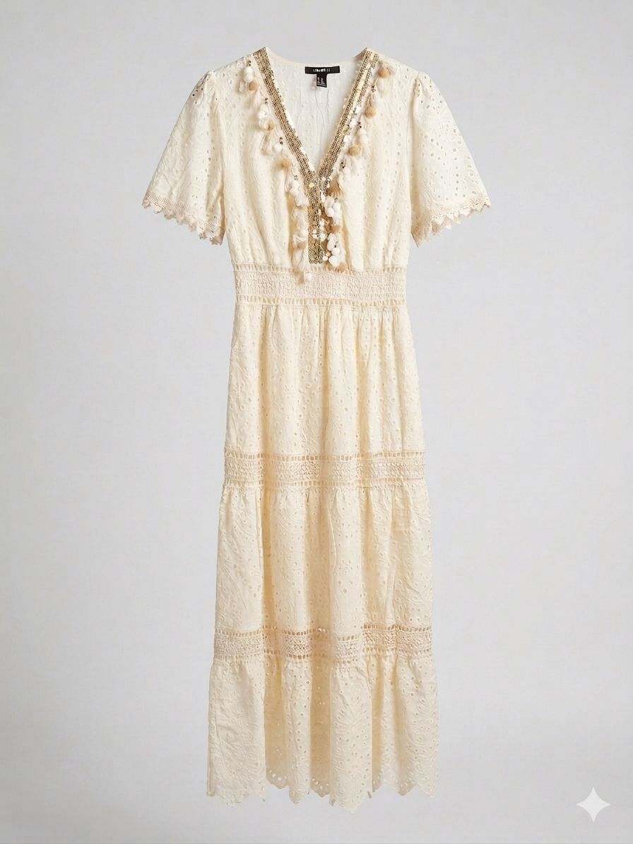 Eyelet Lace Tasseled Maxi Dress Cream / Off-White thumbnail