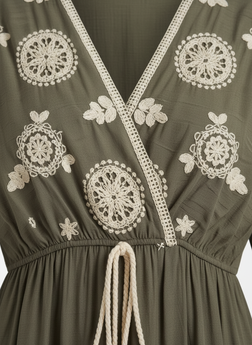 Embroidered Tasseled Kaftan Maxi Dress Olive Green / Khaki thumbnail