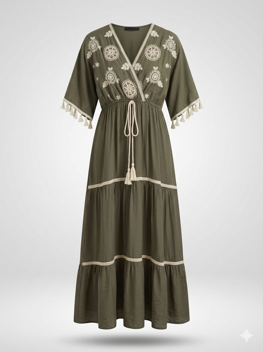 Embroidered Tasseled Kaftan Maxi Dress Olive Green / Khaki thumbnail