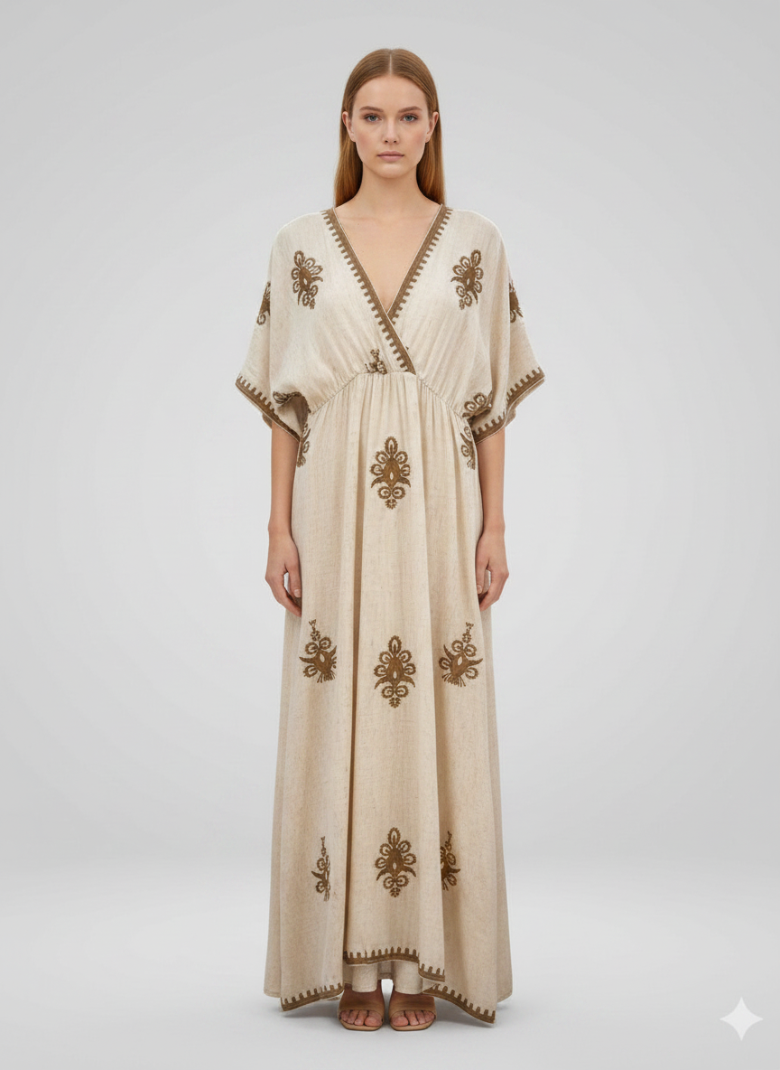 Embroidered V-Neck Kaftan Dress Off-White / Beige thumbnail