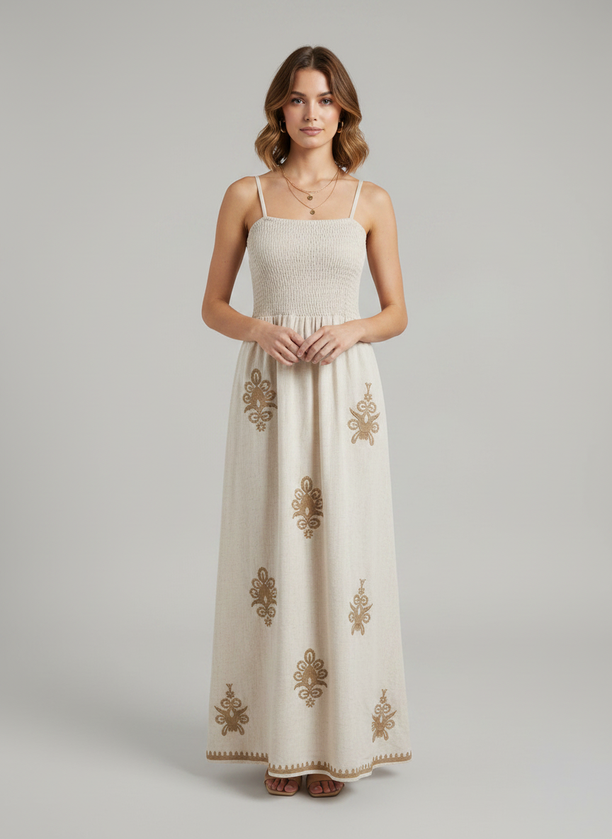 Embroidered Smocked Maxi Dress Off-White / Beige thumbnail