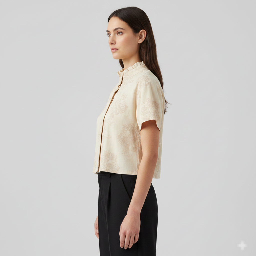 Floral Short Sleeve Crop Shirt Light Beige / Cream thumbnail