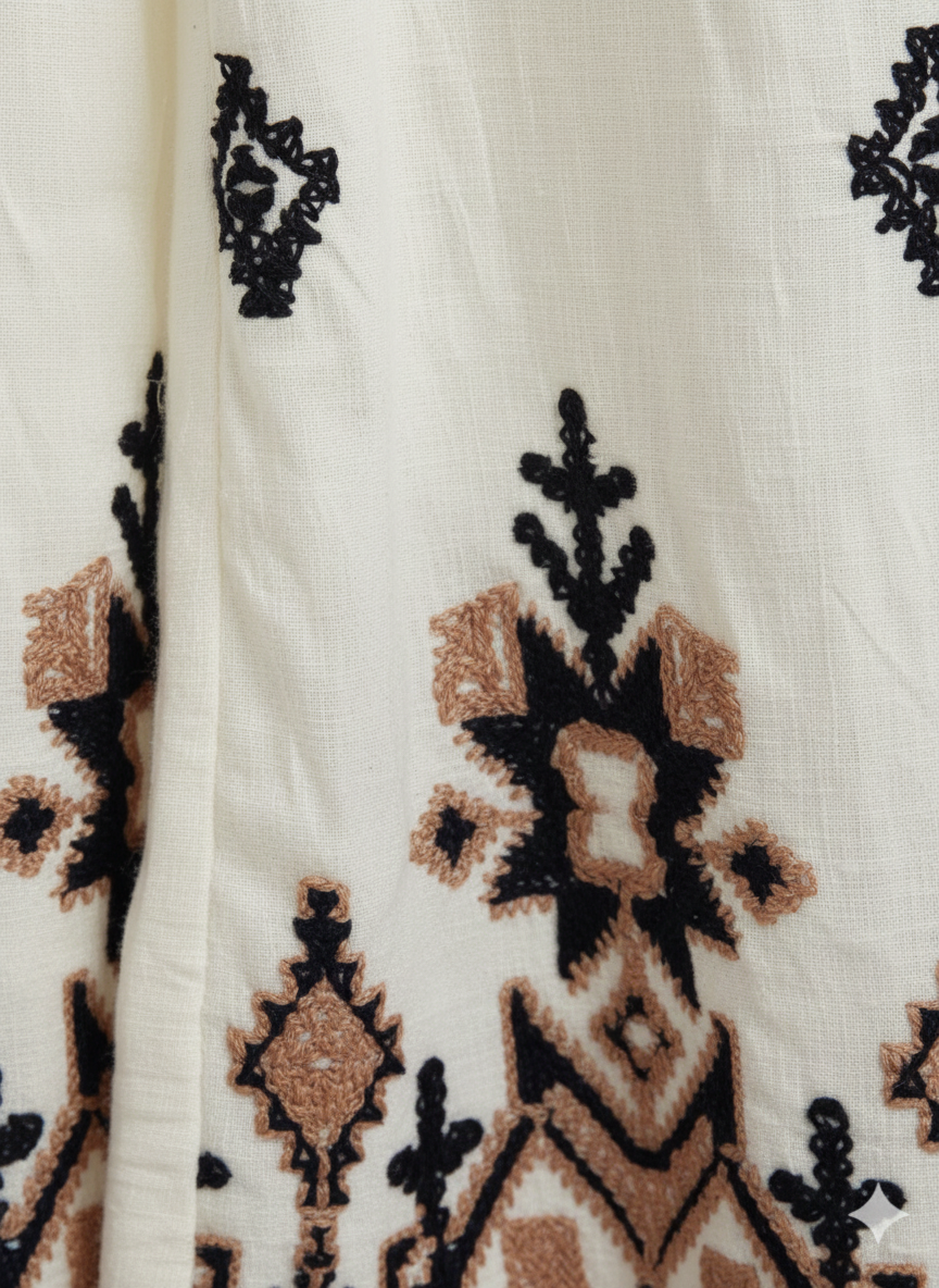 Geometric Embroidered Wide-Leg Trousers Off-White / Black / Beige thumbnail