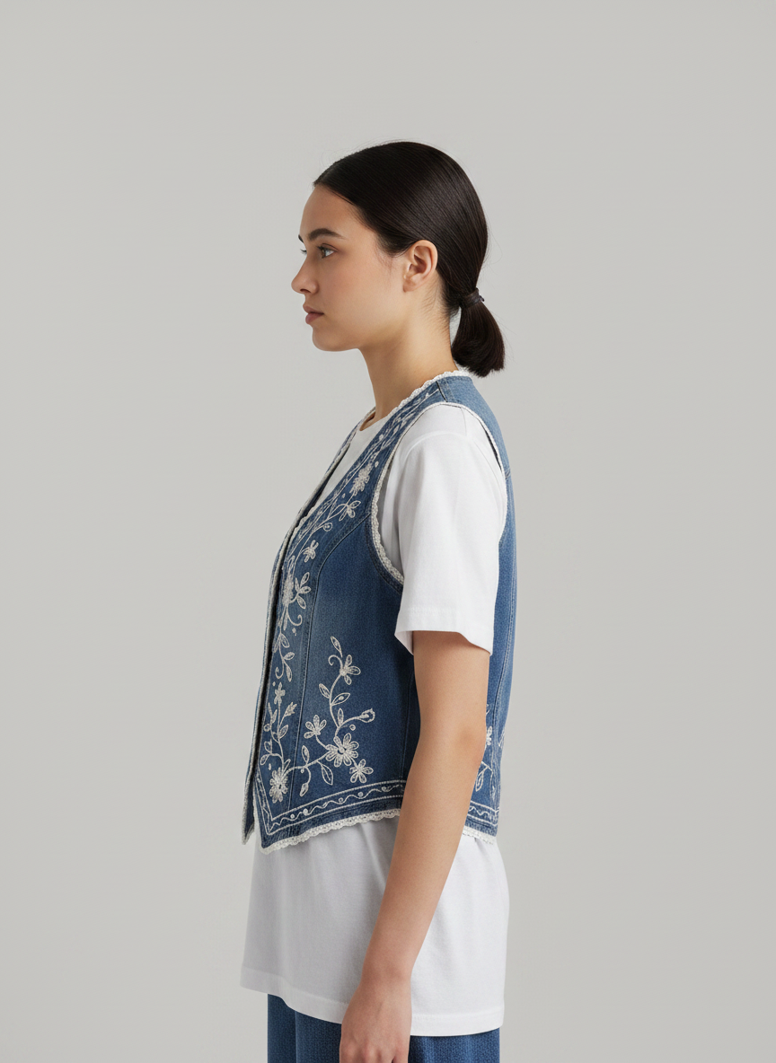 Embroidered Denim Waistcoat Vest Medium Wash Blue thumbnail