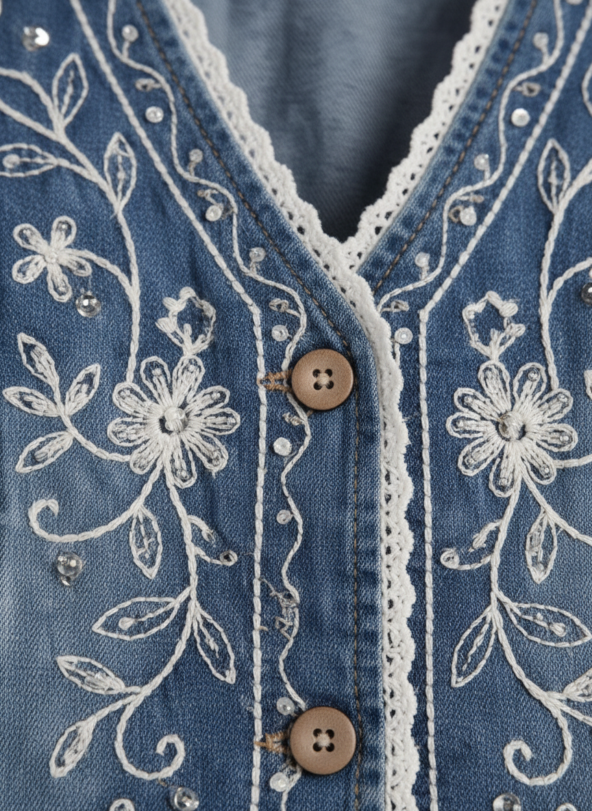 Embroidered Denim Waistcoat Vest Medium Wash Blue thumbnail