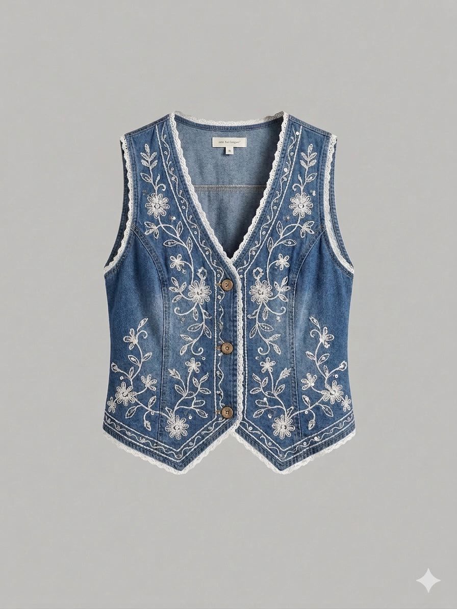 Embroidered Denim Waistcoat Vest Medium Wash Blue thumbnail