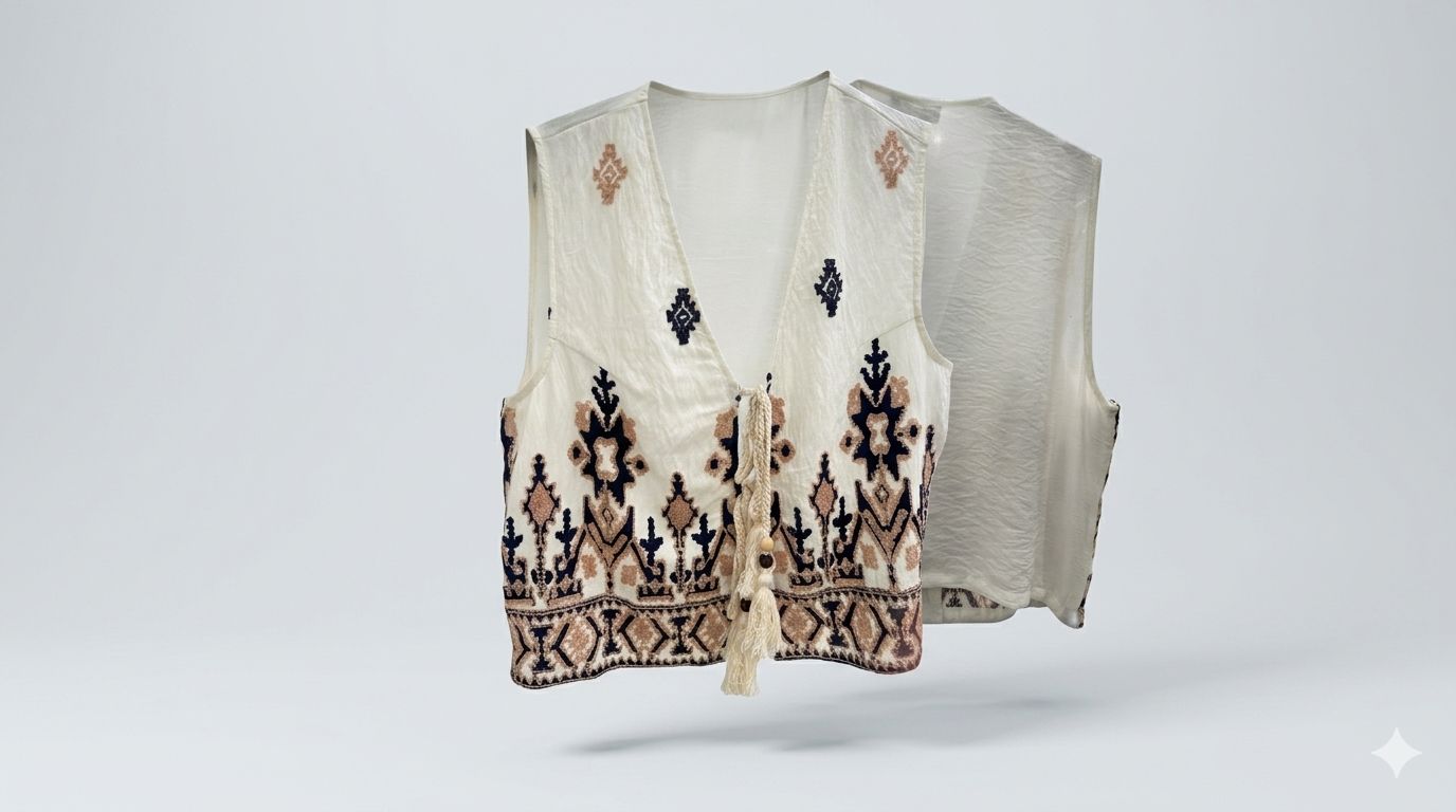 Geometric Embroidered Tasseled Vest Off-White / Black / Beige thumbnail